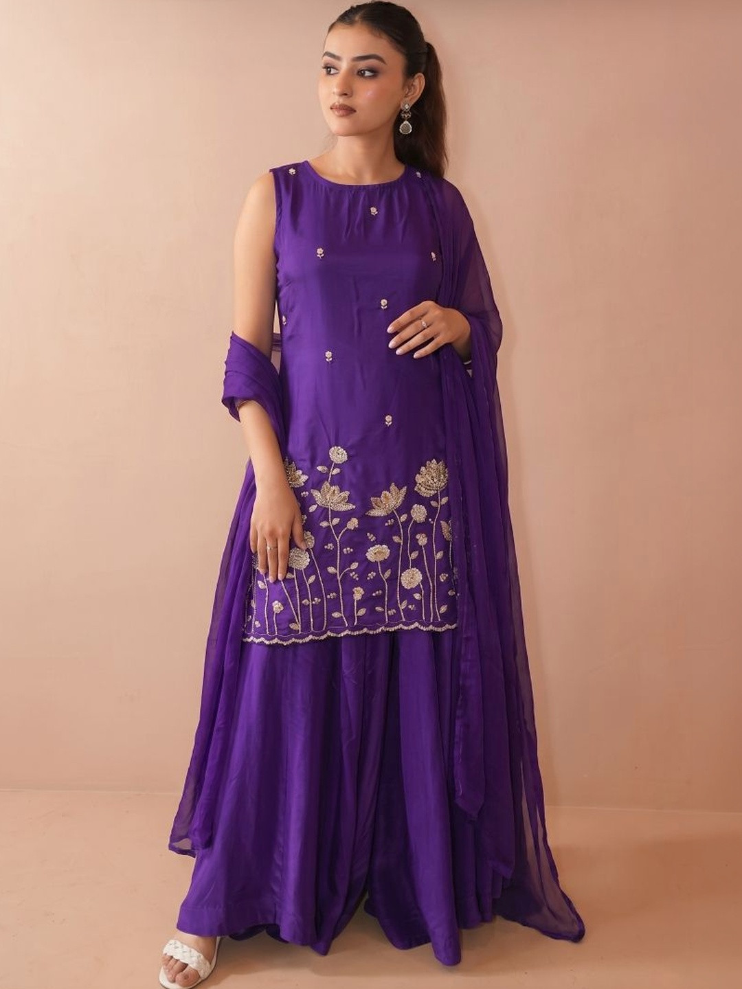 Sangria Women Ethnic Motifs Embroidered Regular Thread Work Silk Crepe Kurta with Sharara & With Dupatta