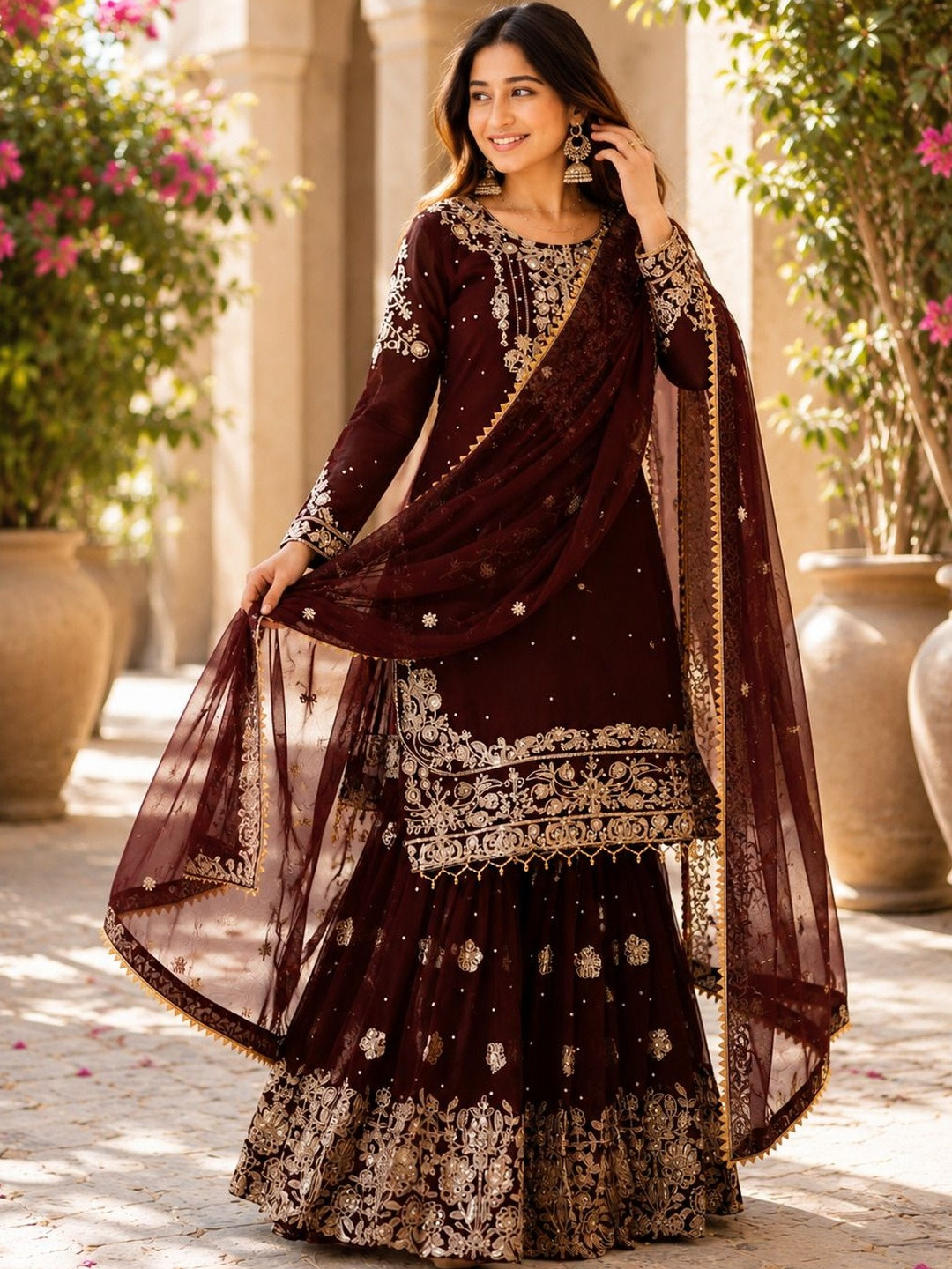 PRIMESKY Women Ethnic Motifs Embroidered Regular Silk Georgette Kurta with Sharara & With Dupatta