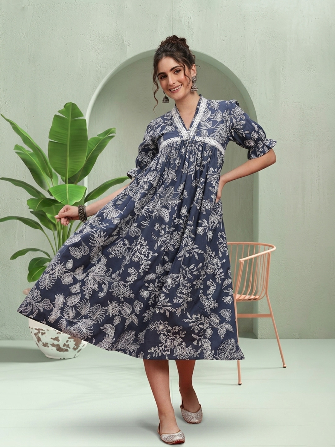 Sangria Floral Printed Empire Pure Cotton Ethnic Dress