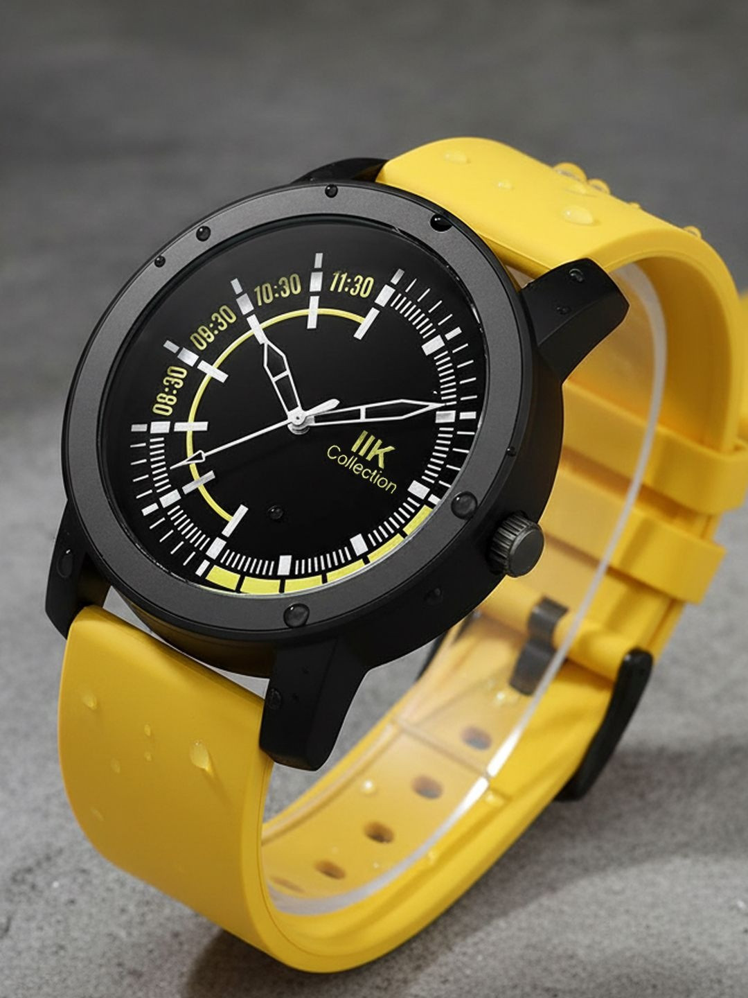 IIK COLLECTION Men Black & Yellow Round Dial Adjustable Silicon Strap Watch