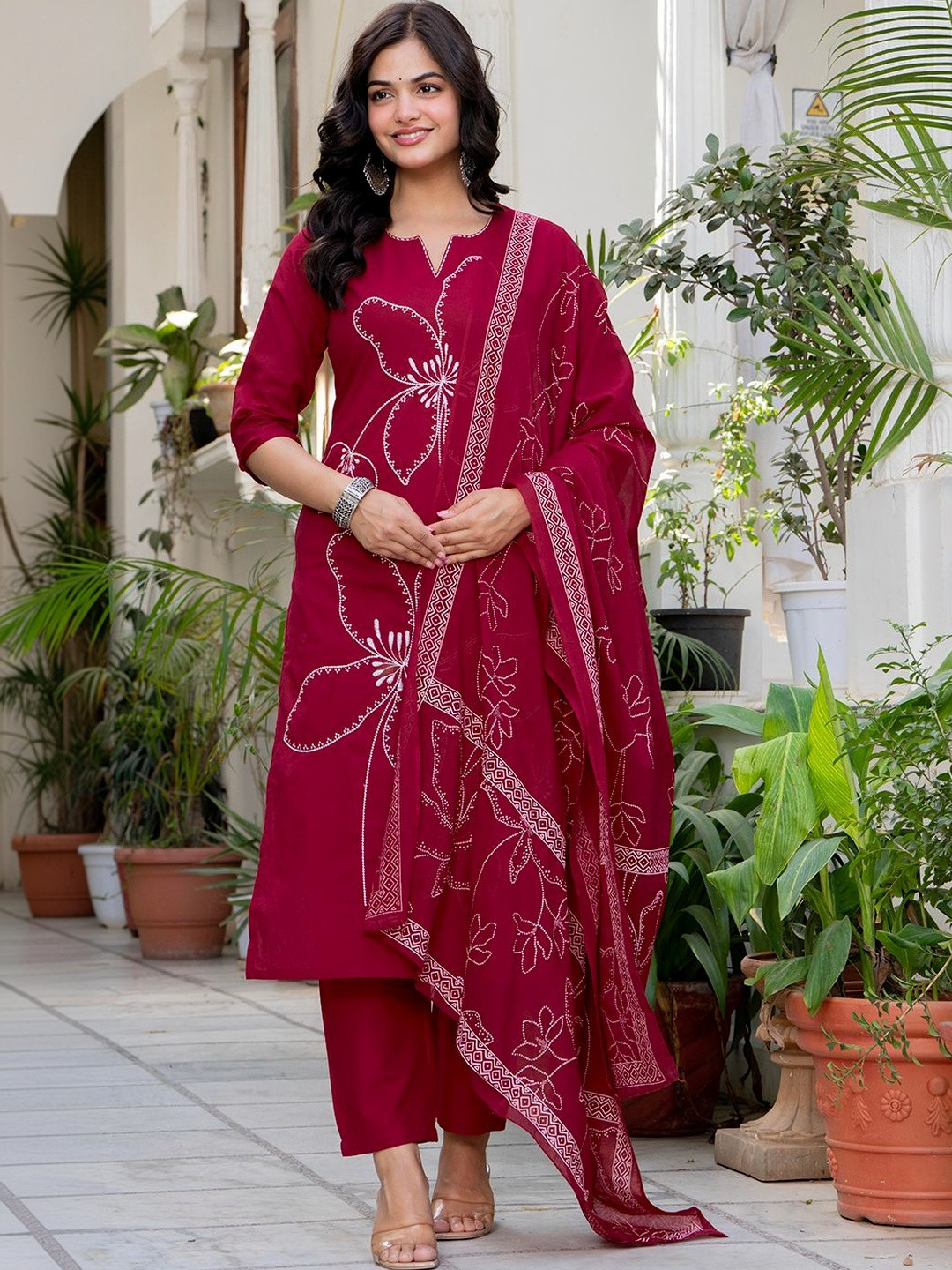 Rangira Women Pure Cotton Thread Work Kurta With Trousers & Dupatta