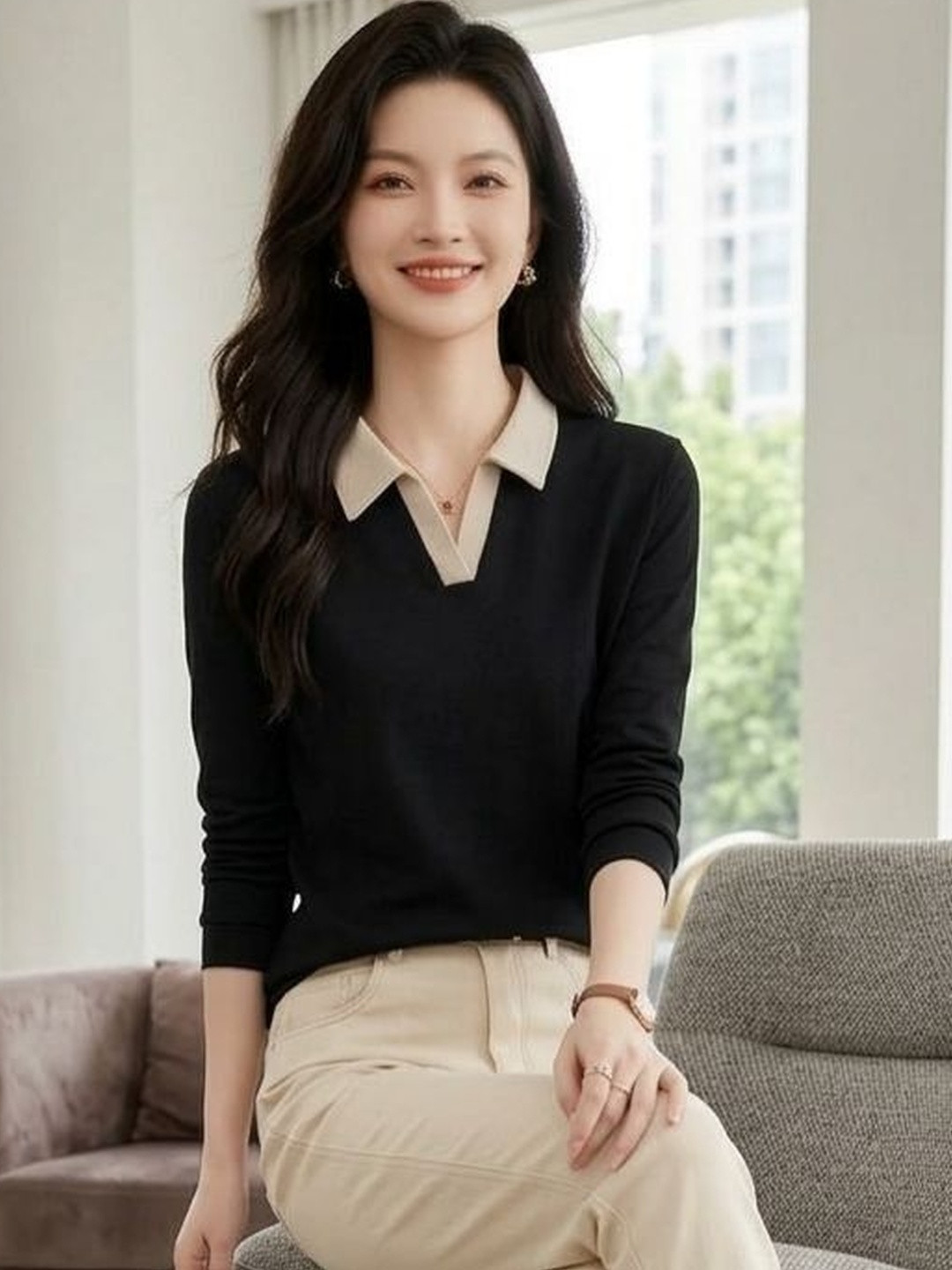 FERY LONDON Women Colourblocked Polo Collar T-shirt