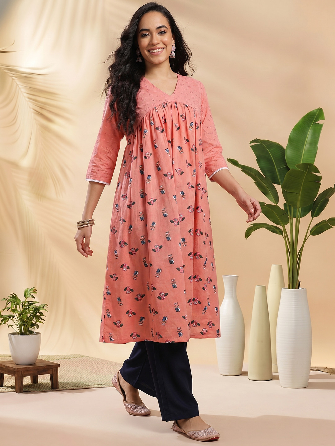 Sangria Floral Print Chikankari Cotton Kurta