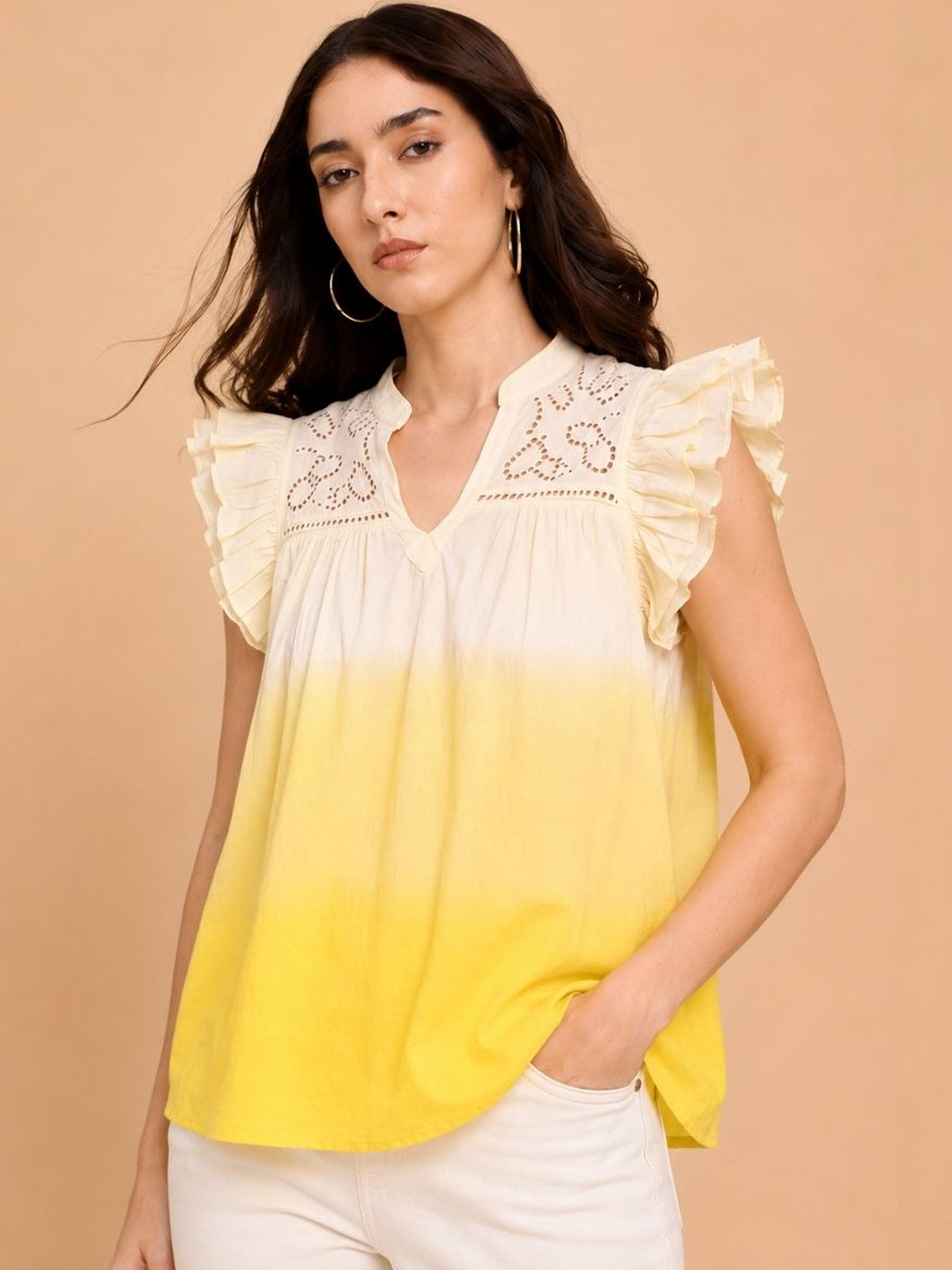 Maaesa Ombre Flutter Sleeve Ruffles Cotton Regular Fit Top
