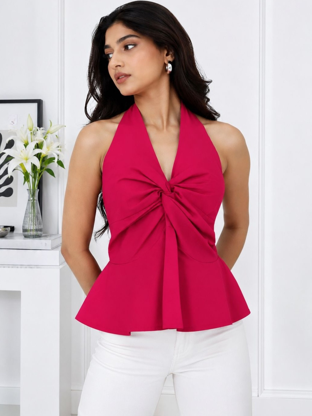 clobug Halter Neck Twisted Peplum Top