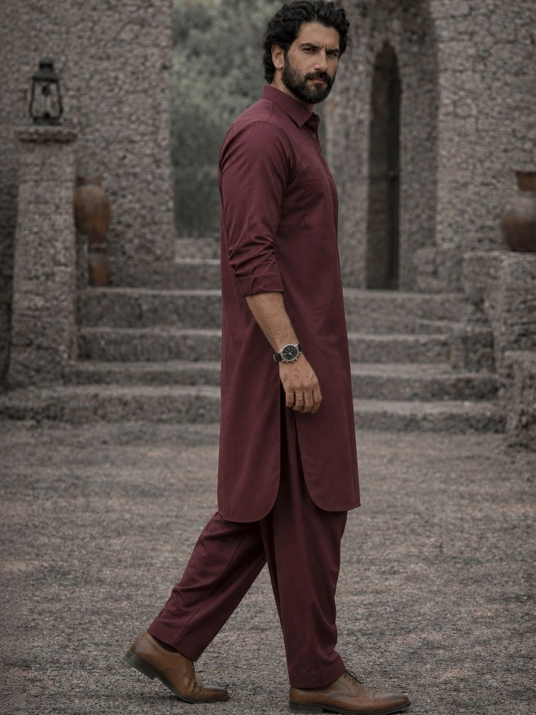 See Designs Men Maroon Cotton Pathani Kurta With Salwar