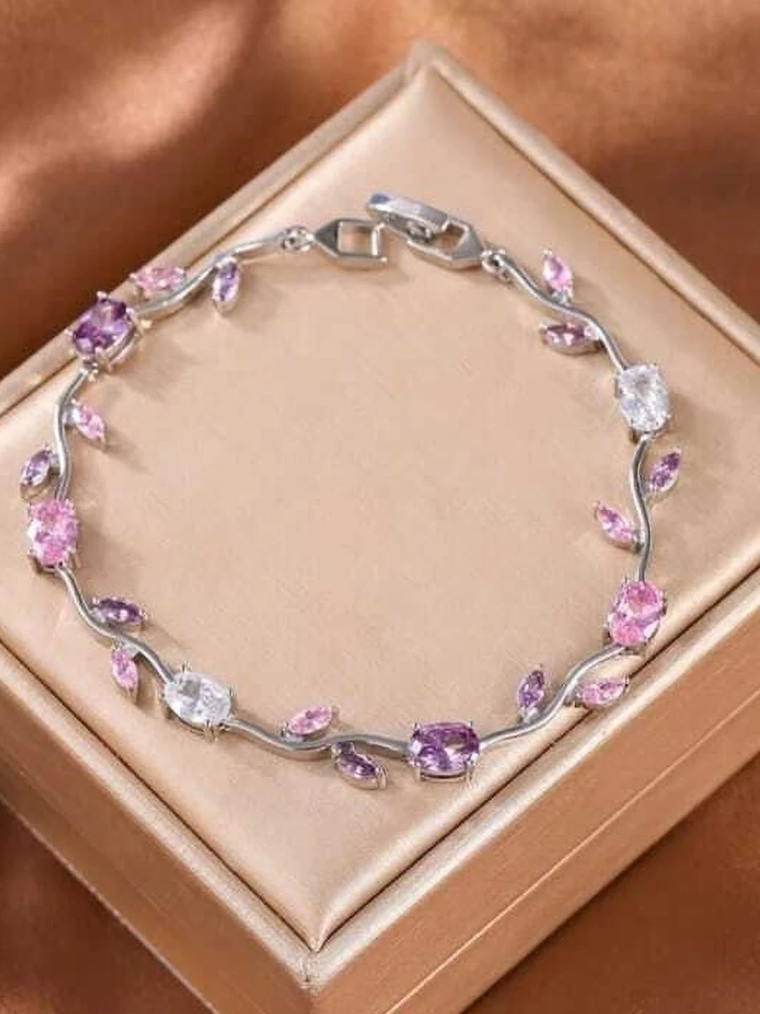 Airtick Stainless Steel Rhodium-Plated Cubic Zirconia Studded Wraparound Tulip Bracelet