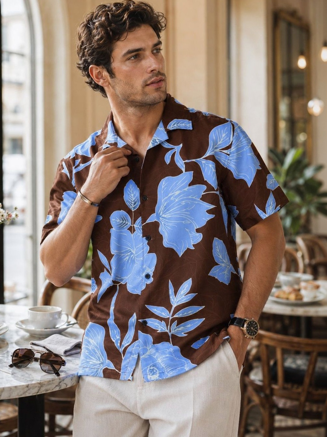 Eszett Floral Printed Cuban Collar Short Sleeves Pure Cotton Shirt