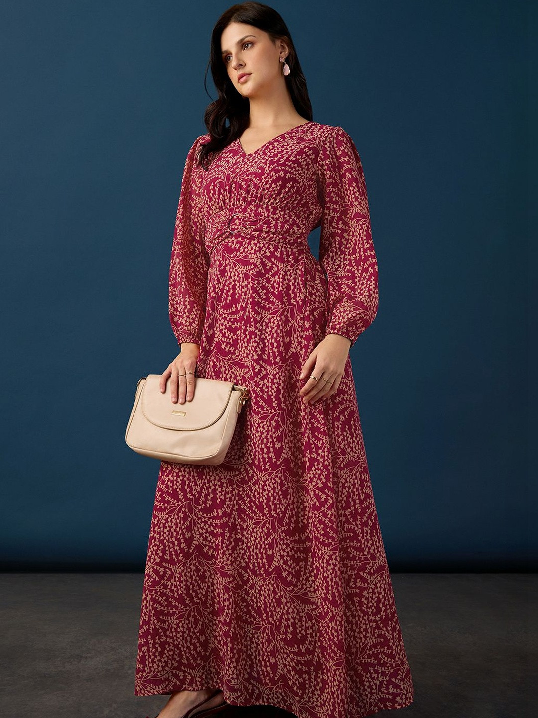 Globus Women Maroon V-Neck Bishop Sleeves Floral O-Ring Waist Detail Fit & Flare Maxi Party Dress