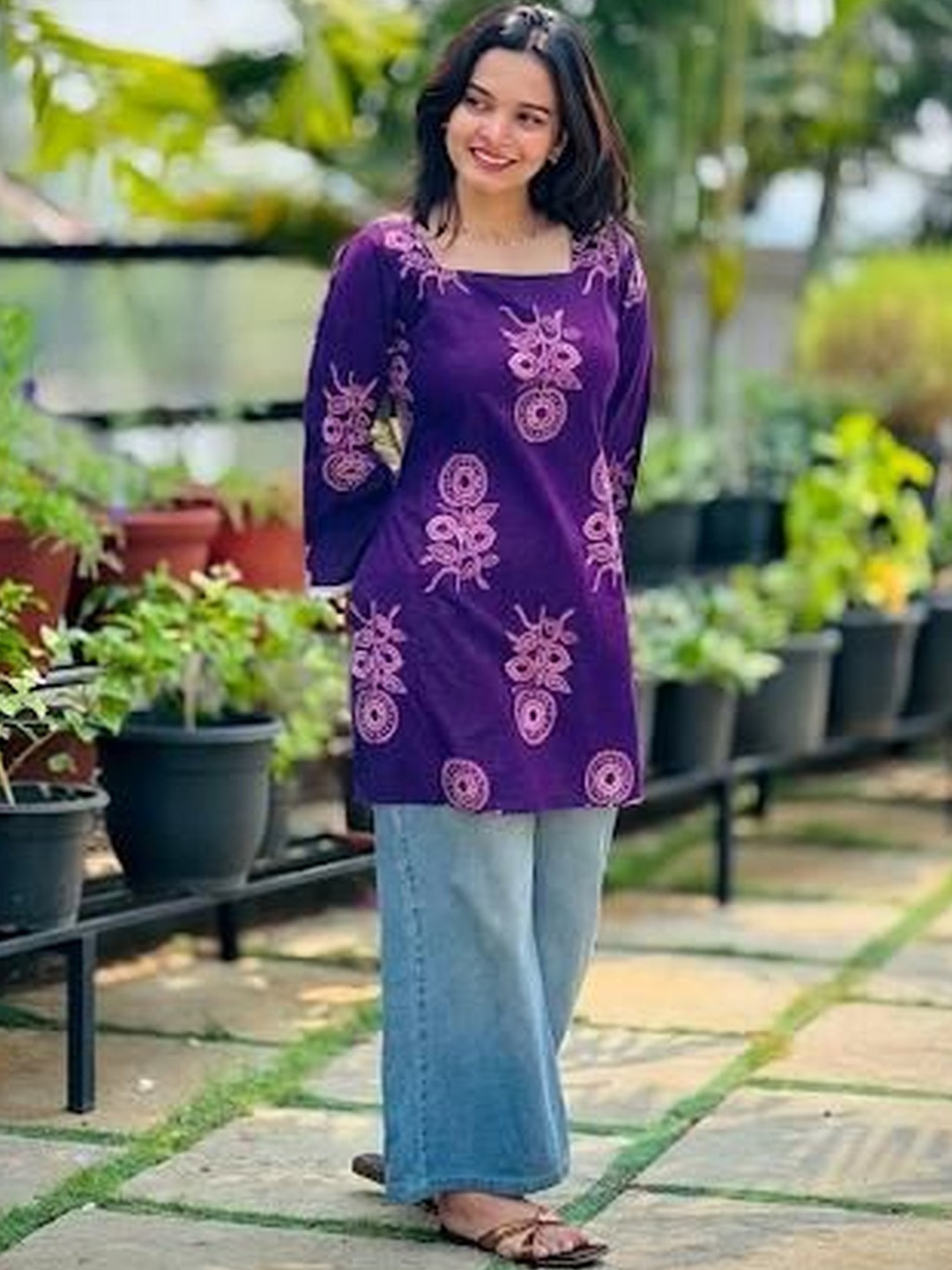 NAKSHKURTIS Ethnic Motifs Printed Square Neck Pure Cotton Handloom Kurti