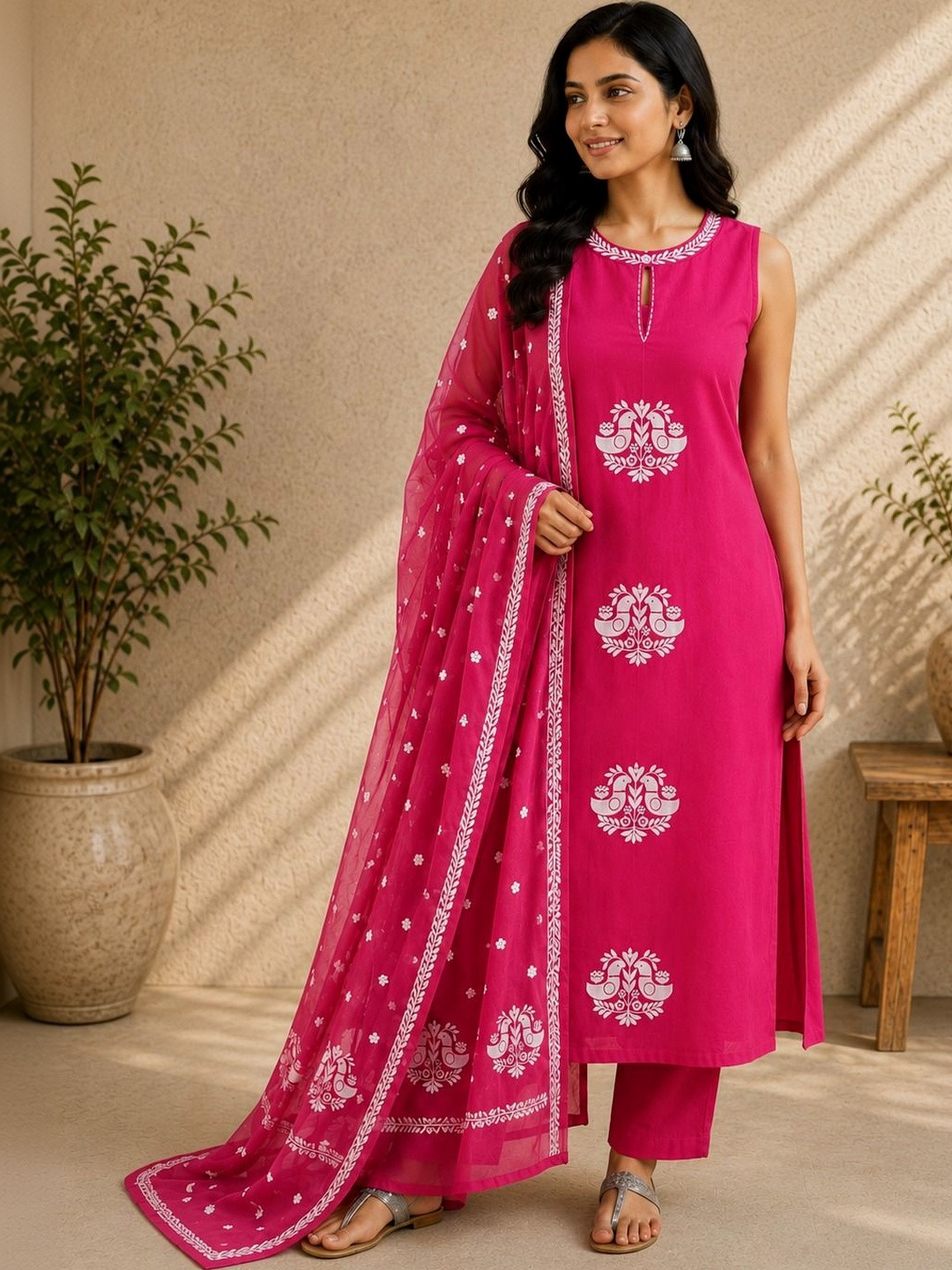 Sangria Women Ethnic Motifs Embroidered Regular Thread Work Pure Cotton Kurta with Trousers & With Dupatta
