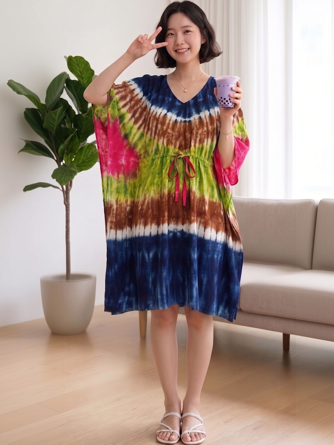 TIARA WORLD Tie and Dye Dyed Kimono Sleeve Kaftan Dress