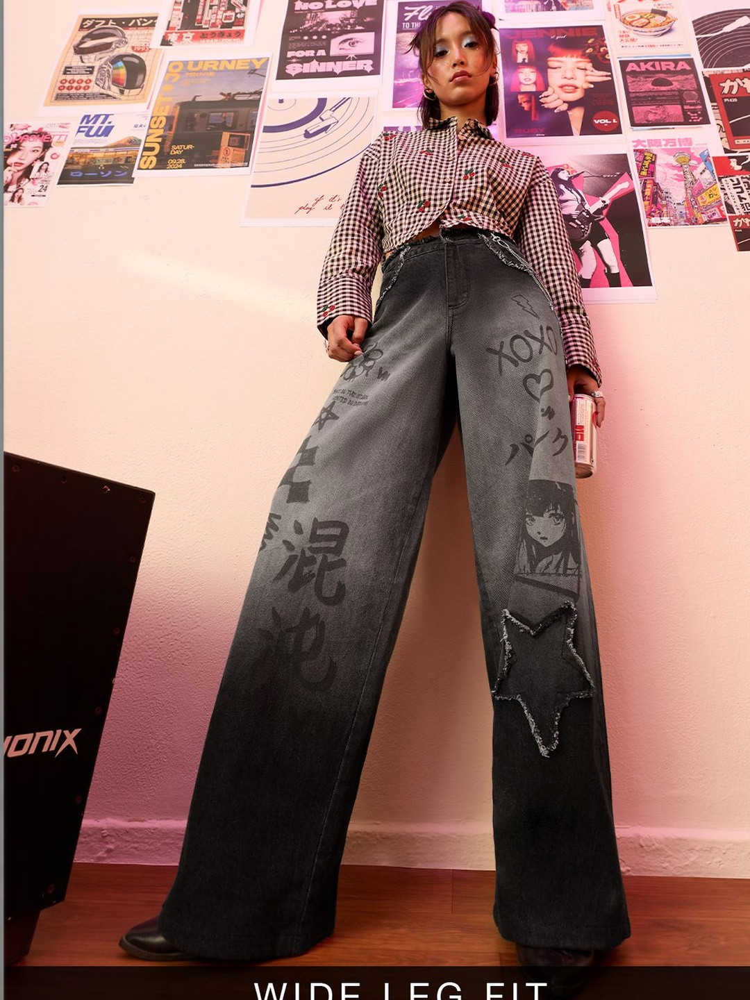The Souled Store Women Denim Printed Black Cotton Baggy Fit Jeans