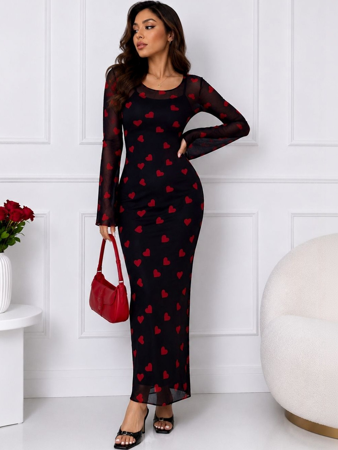 clobug Print Flared Sleeve Bodycon Maxi Dress