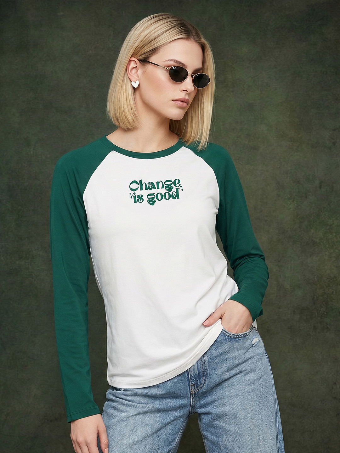 JUNEBERRY Women Colourblocked White Green Full Printed Pure Cotton Henley Neck Regular Fit T-shirt