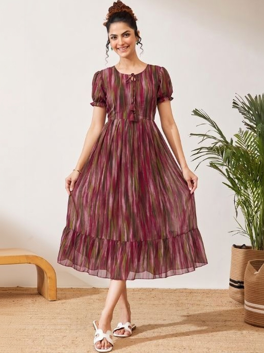 QENA Print Puff Sleeve Georgette A-Line Midi Dress