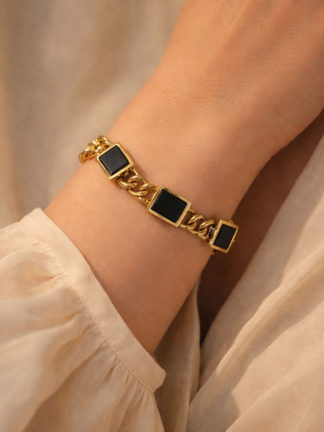 RaasRani Women Stainless Steel Gold-Plated Onyx Wraparound Bracelet