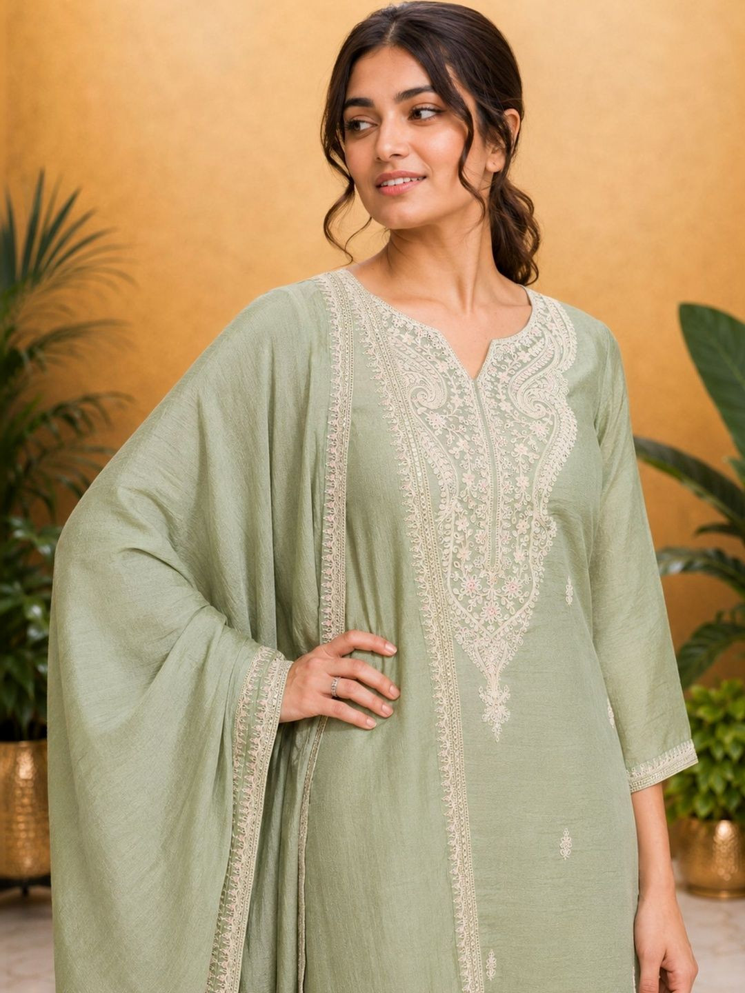 KALINI Women Ethnic Motifs Embroidered Regular Thread Work Kurta with Trousers & With Dupatta