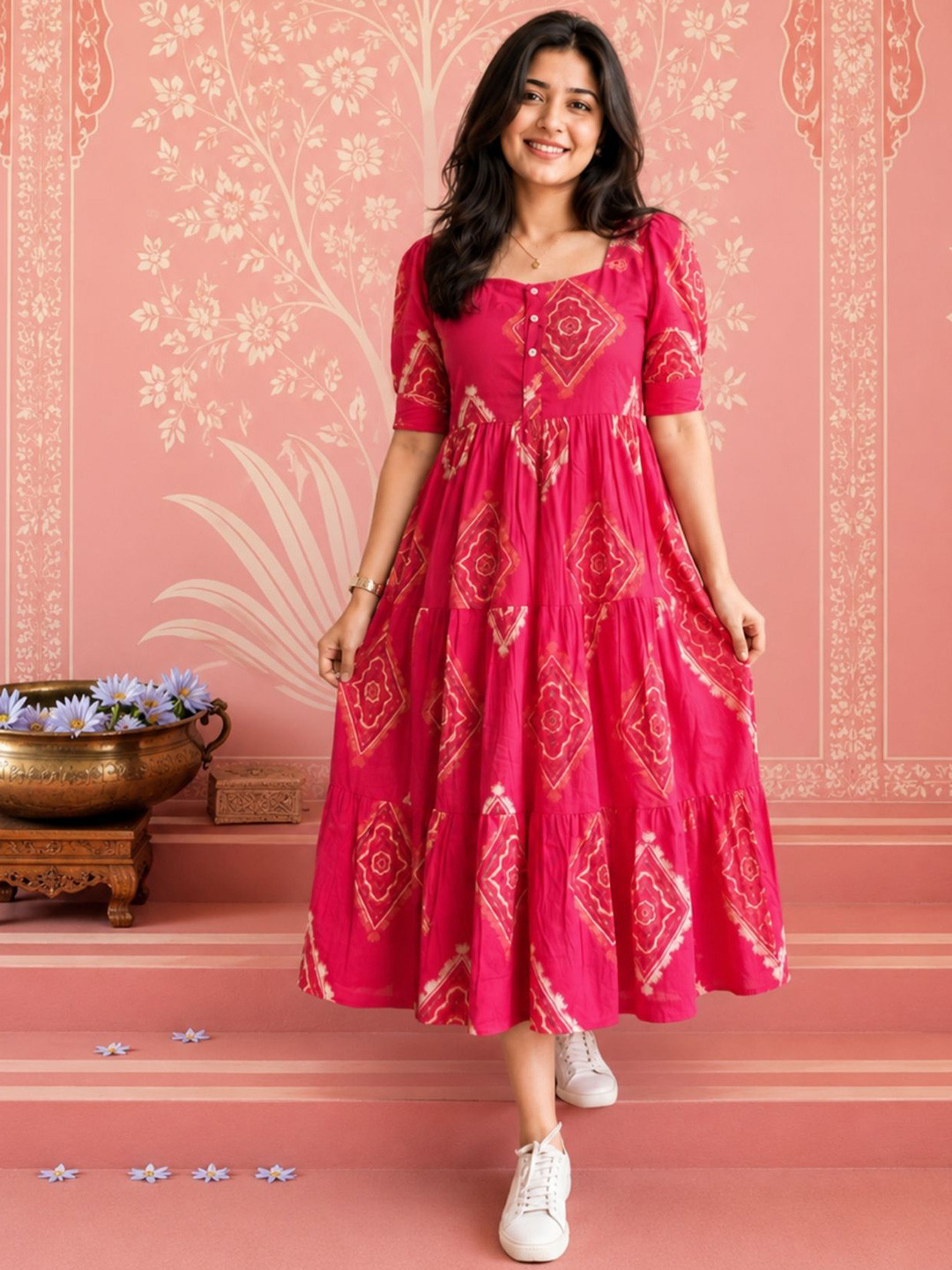 NAVYAAZRI Ethnic Motifs Print Puff Sleeve A-Line Midi Dress