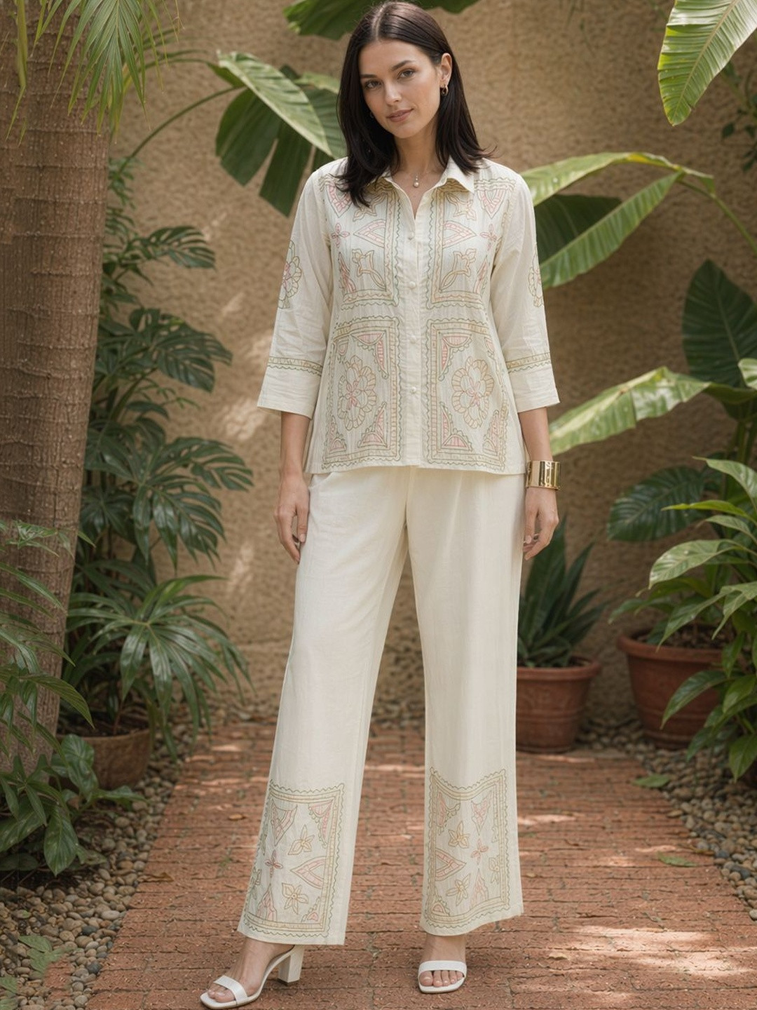 ZUMMER Pastels Cotton Embroidered Shirt with Trousers