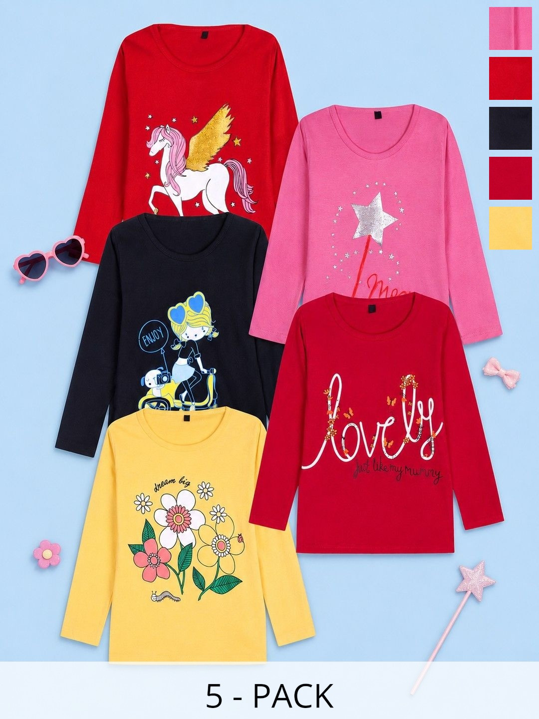 FAZZA Girls Pack Of 5 Graphic Printed Round Neck Cotton T-shirts