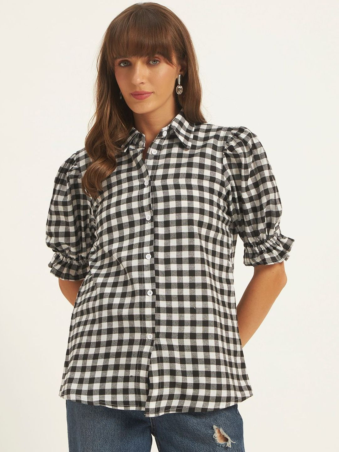 ROSEMELON Checked Puff Sleeve Cotton Top