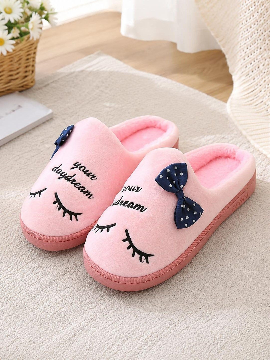 Miscreef Women Embroidered Bow Detail Fur Warm Winter Room Slippers