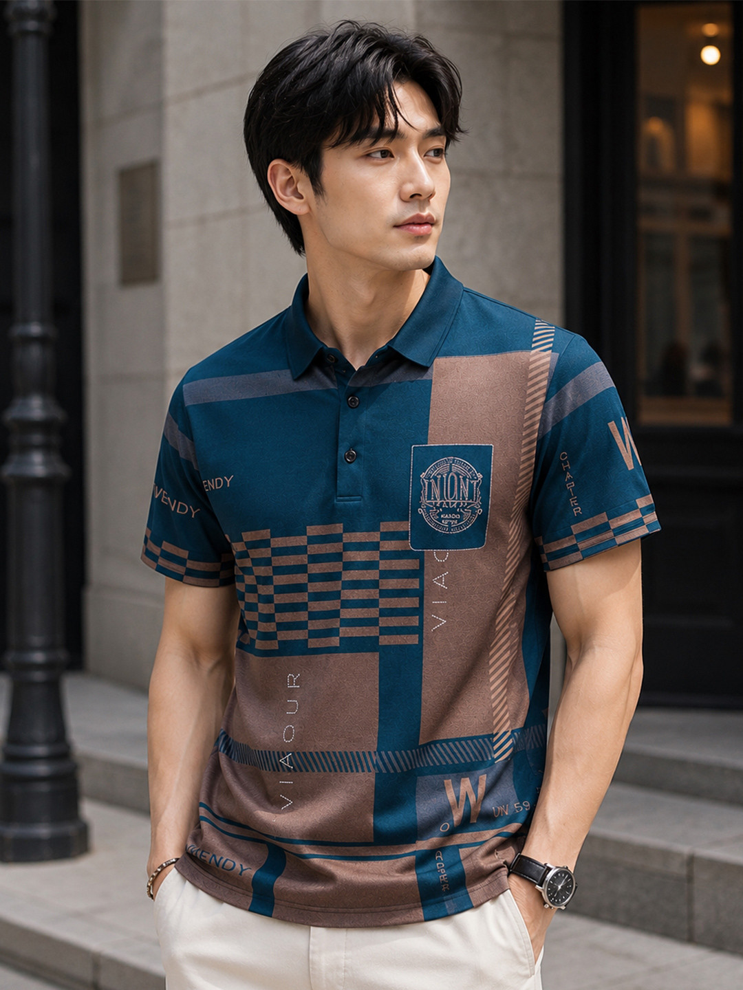 Moda Rapido Men Brand Logo Printed Polo Collar Pockets T-shirt