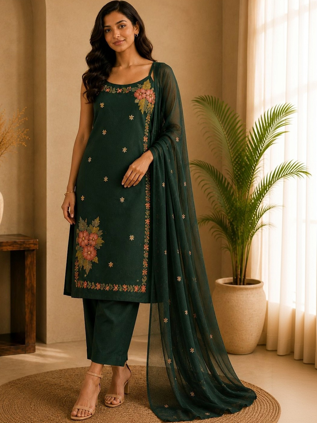 Sangria Women Floral Embroidered Regular Thread Work Pure Cotton Kurta with Trousers & With Dupatta