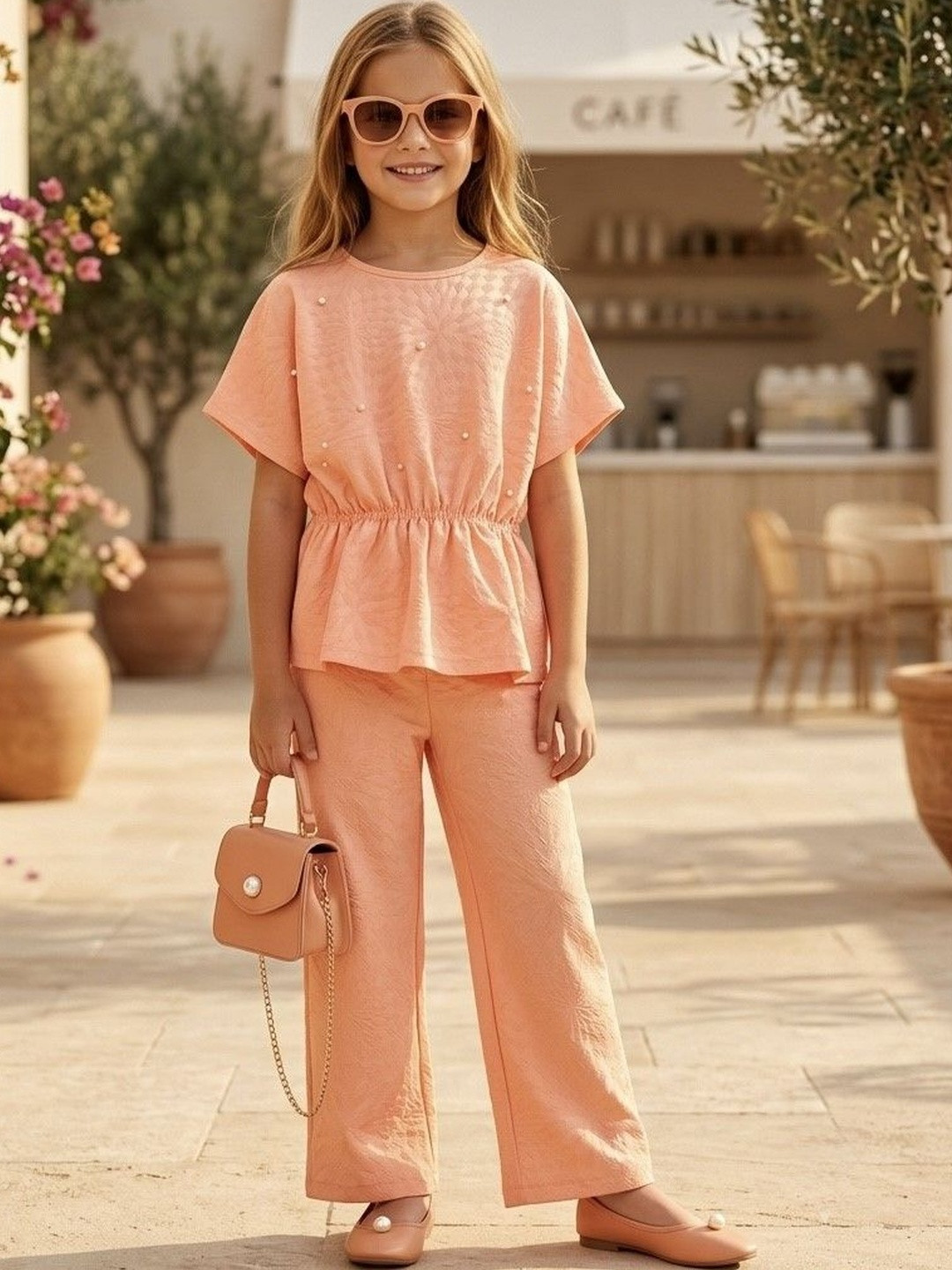 TRUFFLES Ruffled Cotton Self Design Top with Palazzos