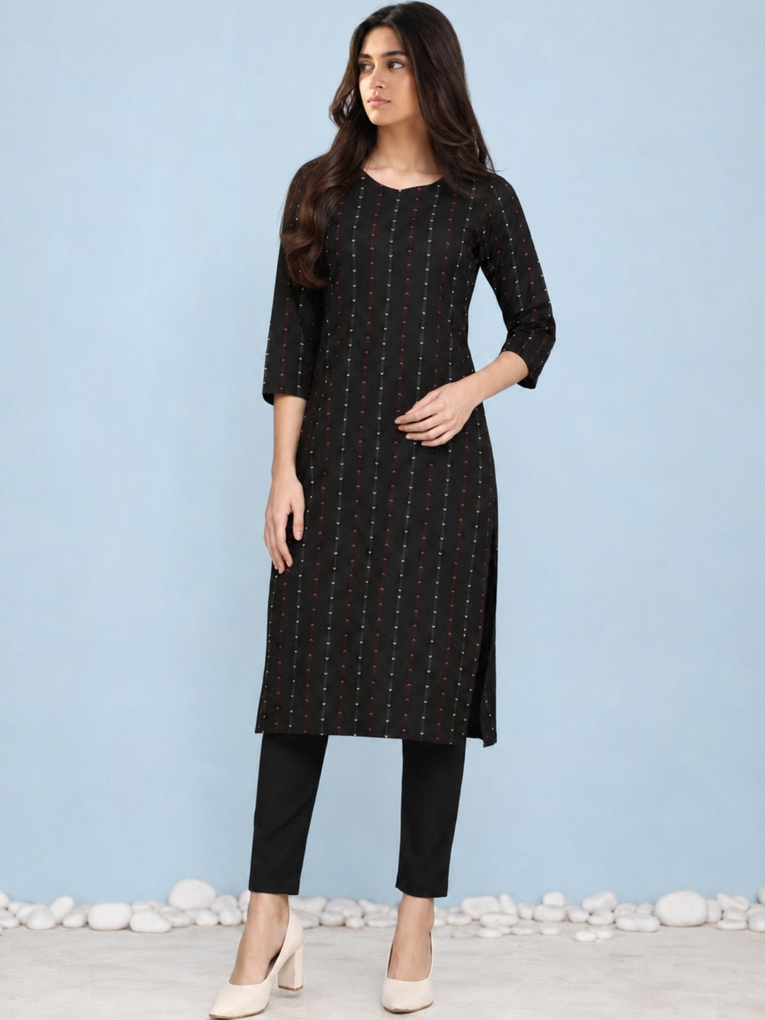 Saanjh Striped Woven Design Straight Kurta with Trousers