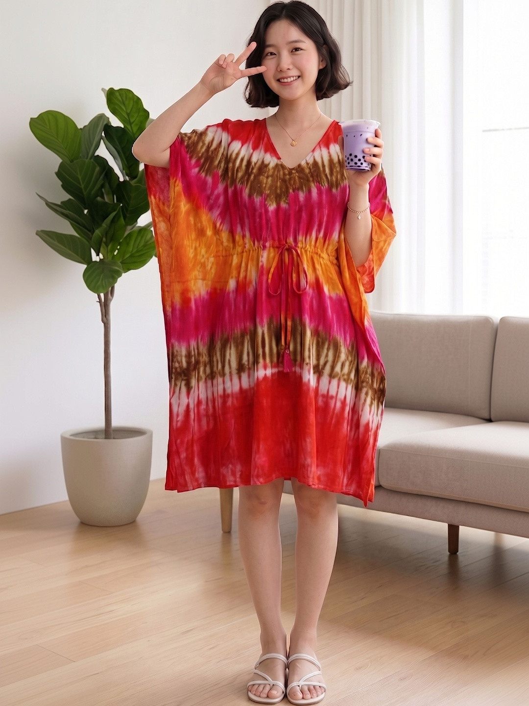 TIARA WORLD Tie and Dye Dyed Kaftan Dress