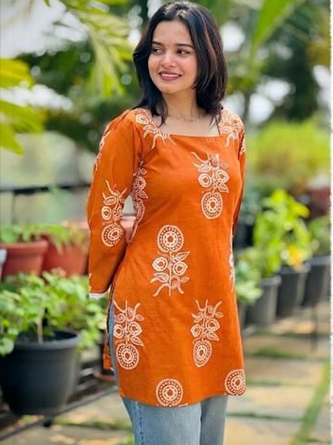 NAKSHKURTIS Ethnic Motifs Printed Square Neck Pure Cotton Handloom Kurti