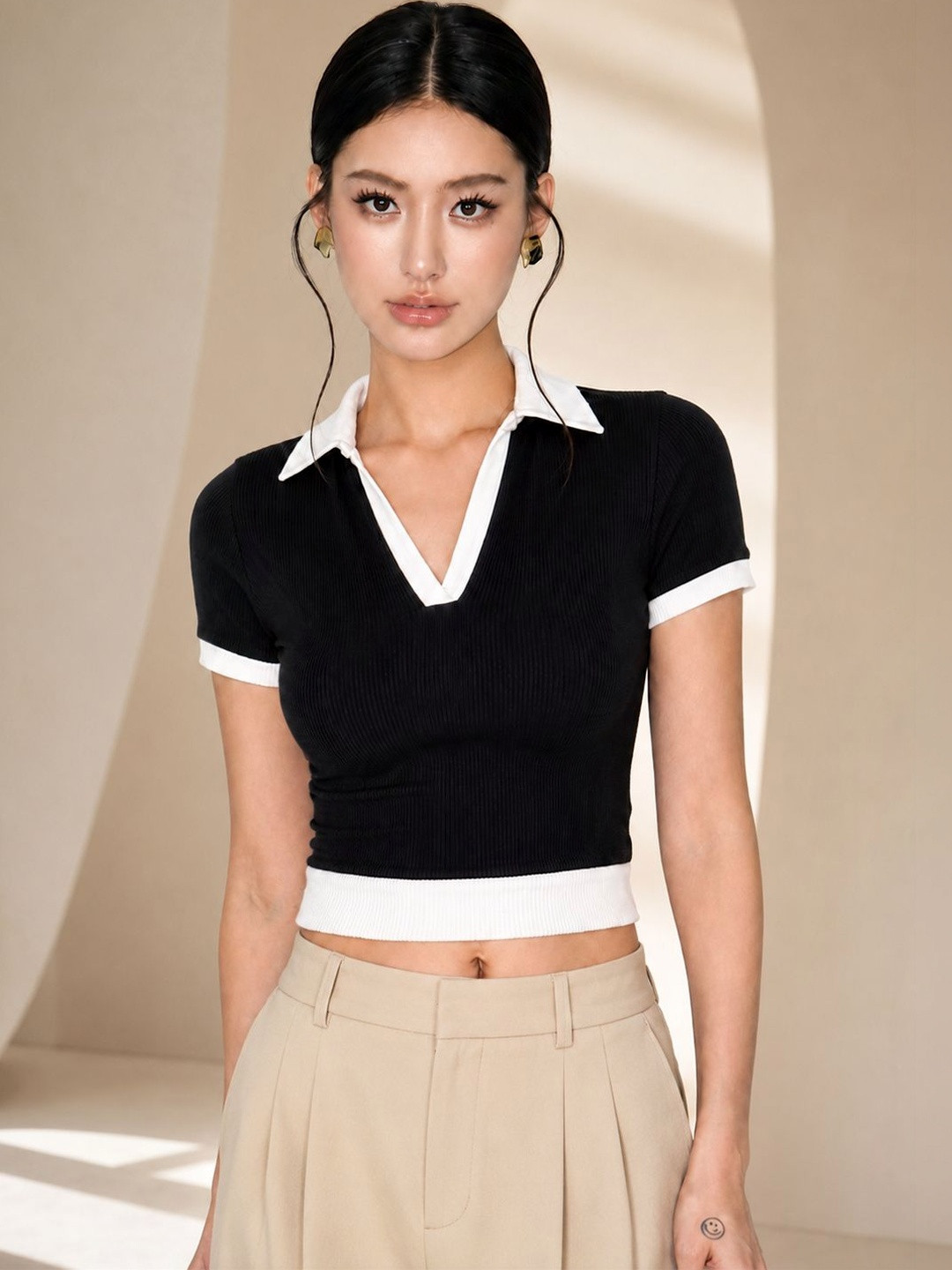 FBAR Women Waffle Knit Polo Collar Top