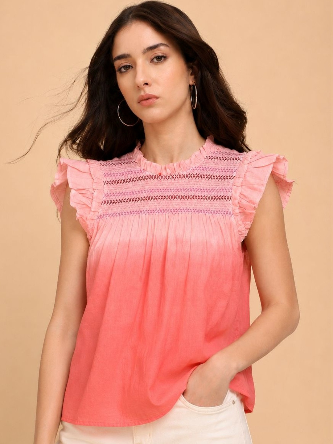 Maaesa Ombre Smocked Cotton Regular Fit Top
