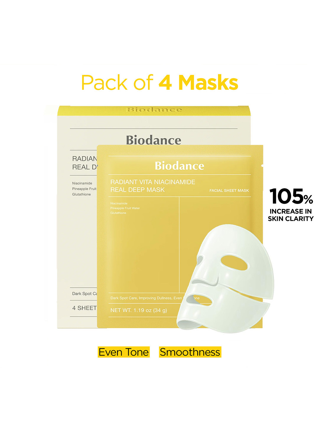 Biodance Set Of 4 Radiant Vita Niacinamide Real Deep Mask - 34 g Each