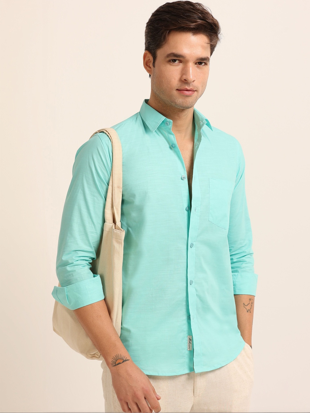 MOHICANS Men Relaxed Cyan Sky Cotton Linen Casual Shirt