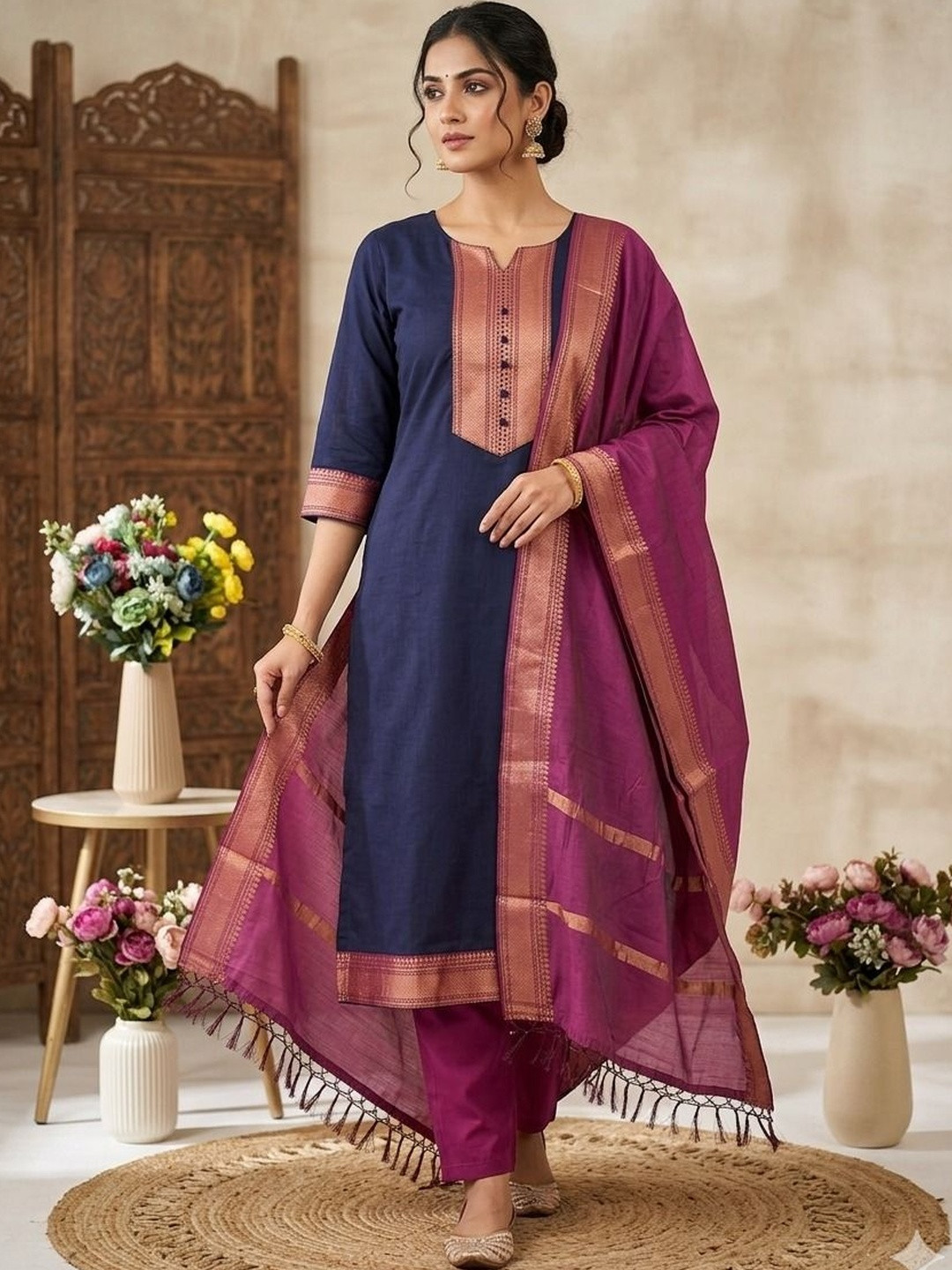 ZARVELA Women Ethnic Motifs Regular Kurta with Trousers & With Dupatta