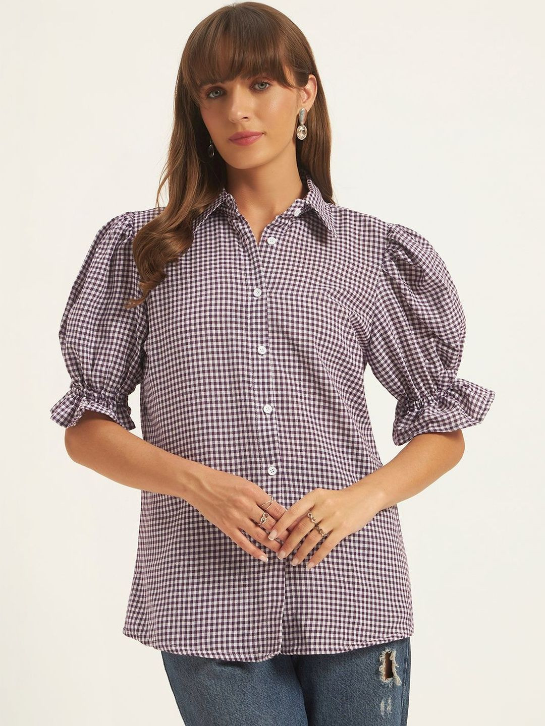 ROSEMELON Checked Puff Sleeve Cotton Top