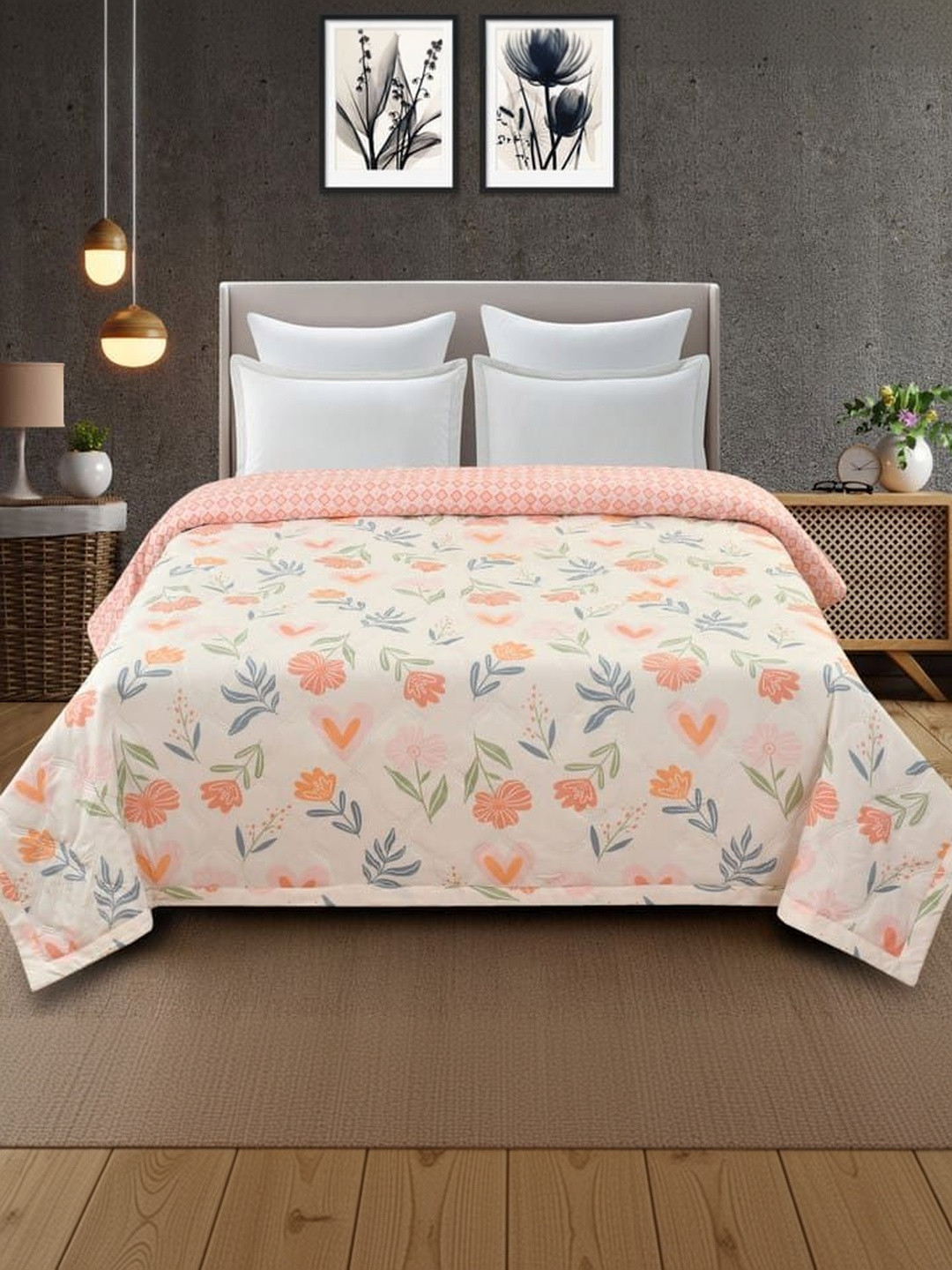 RF RELAXFEEL Peach-Coloured Floral AC Room 210 GSM Quilt