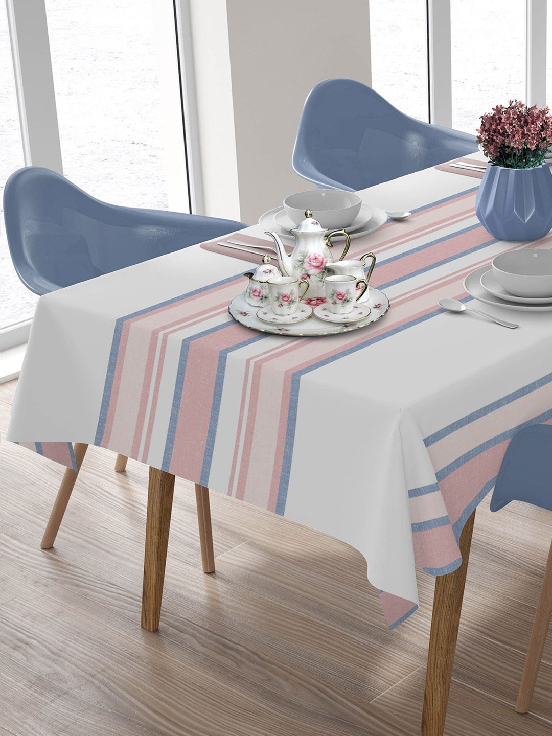HOME COLORS.IN Red & Blue Striped Cotton 8 Seater Table Cover
