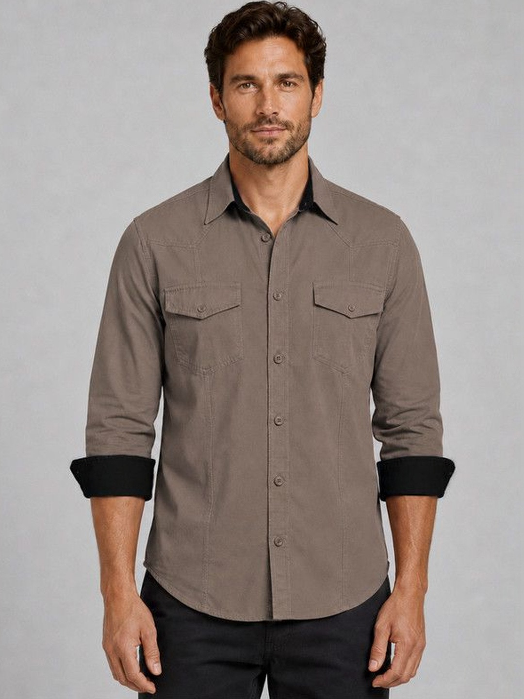 FRANKSHIRT Men Khaki Solid Cargo Cotton Regular Fit Full Sleeve Casual Shirt