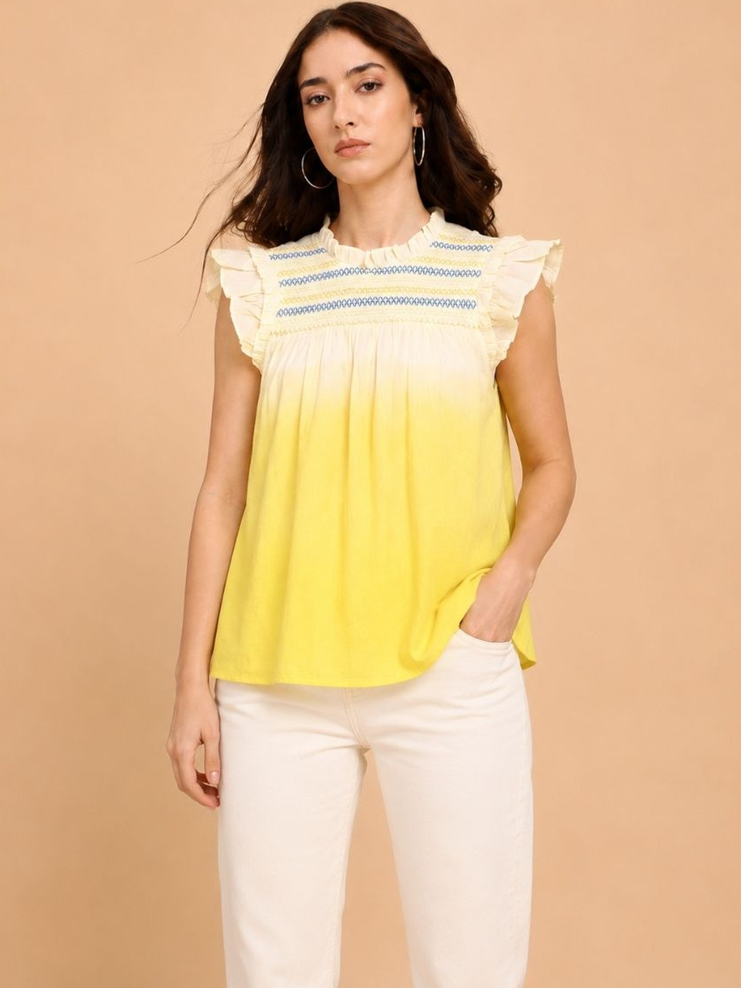 Maaesa Ombre Flutter Sleeve Smocked Cotton Regular Fit Top