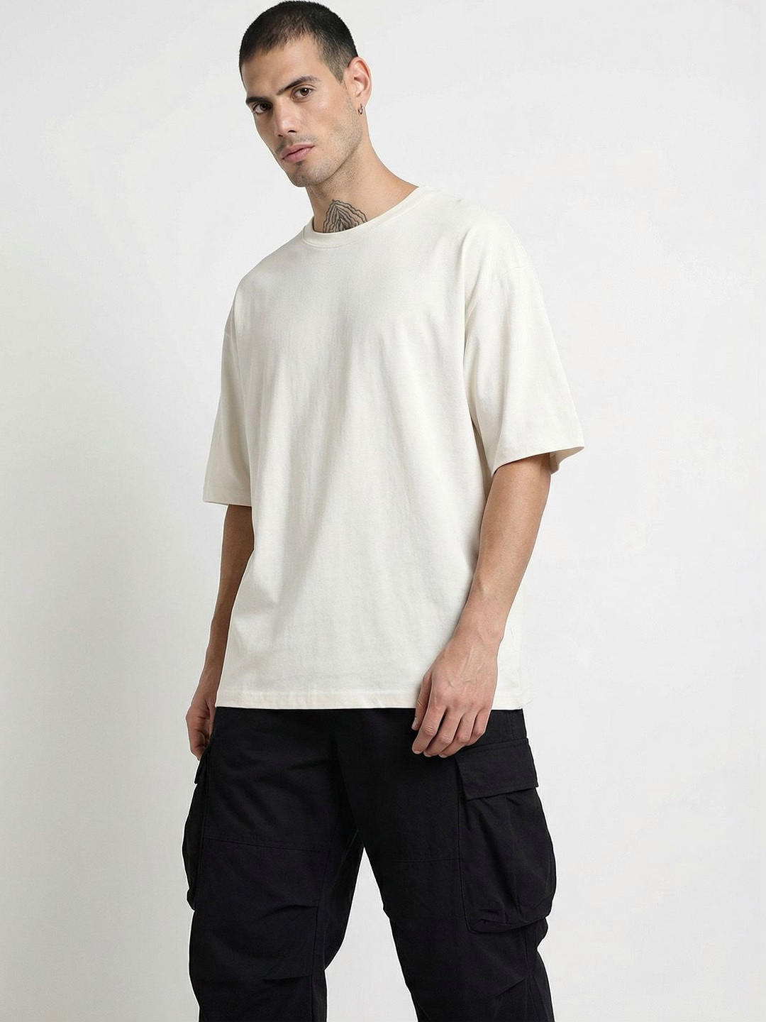 Crazymonk Men Plain Half White Drop-Shoulder Sleeves Oversized Fit T-shirt