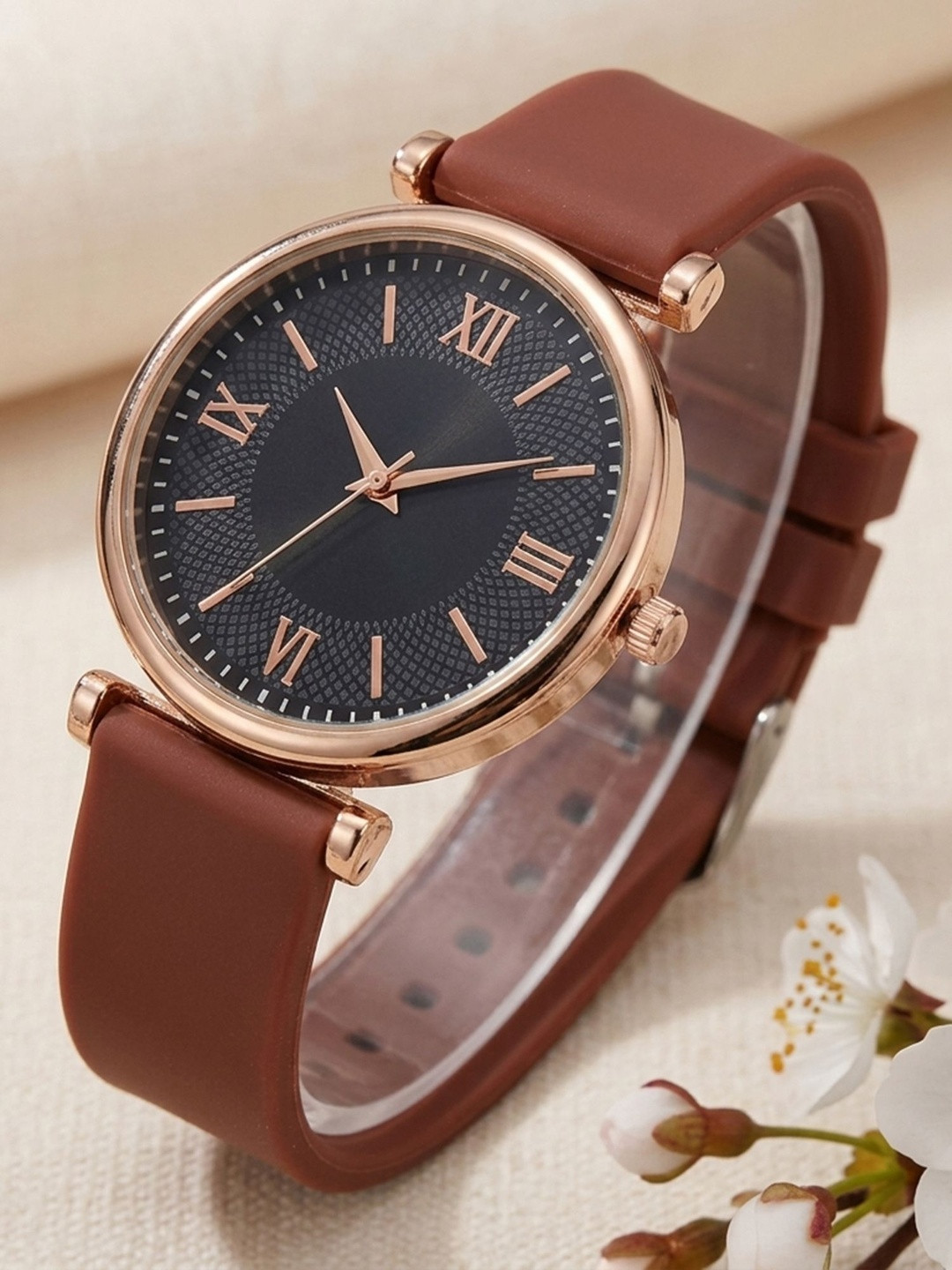Praizy Times Women Brass Patterned Dial & Straps Analogue Watch DB-SILICON-BROWN- BLACK-DIAL