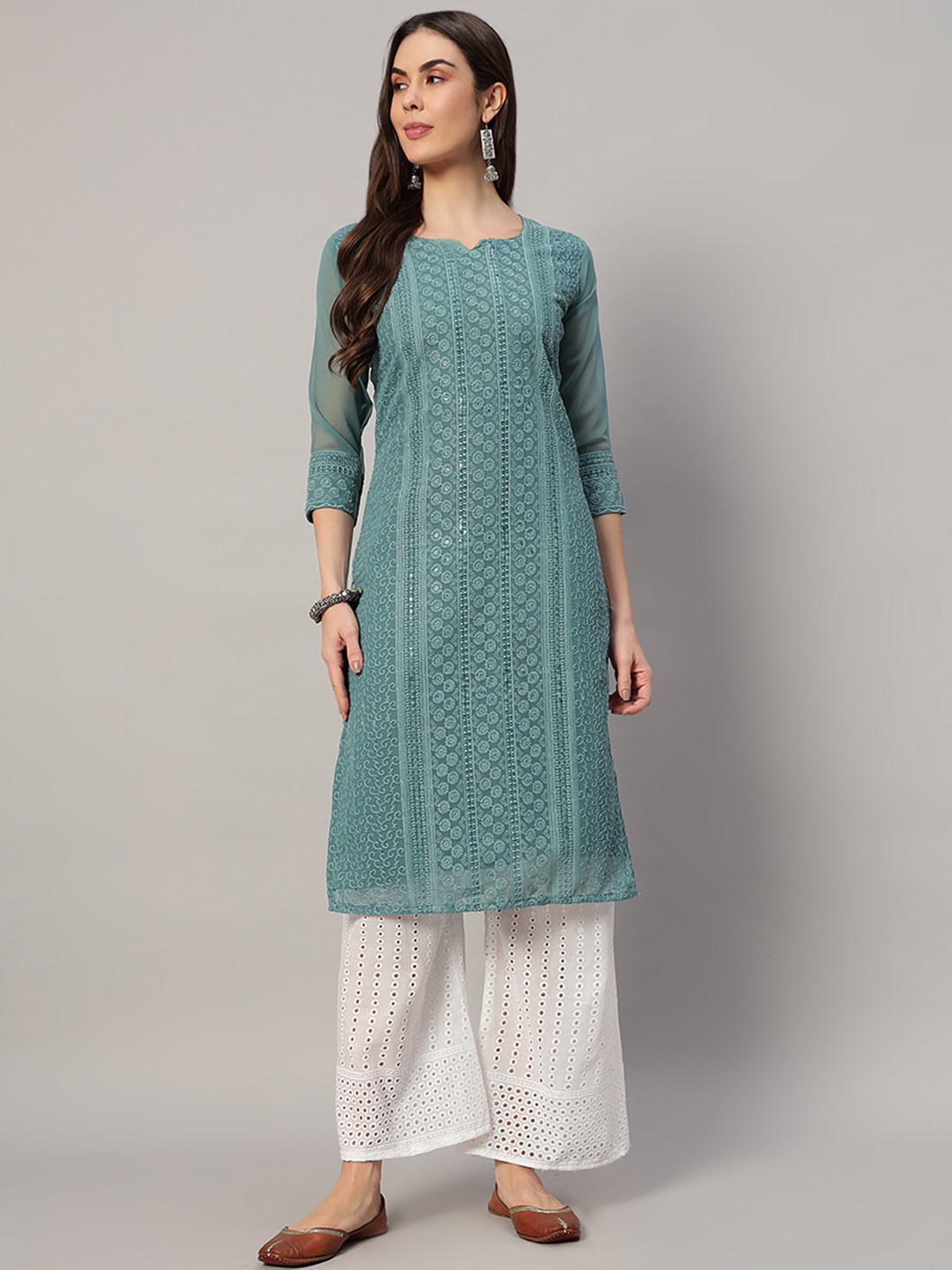 HERE&NOW Chikankari Embroidered Round Neck Sequinned Georgette Kurta