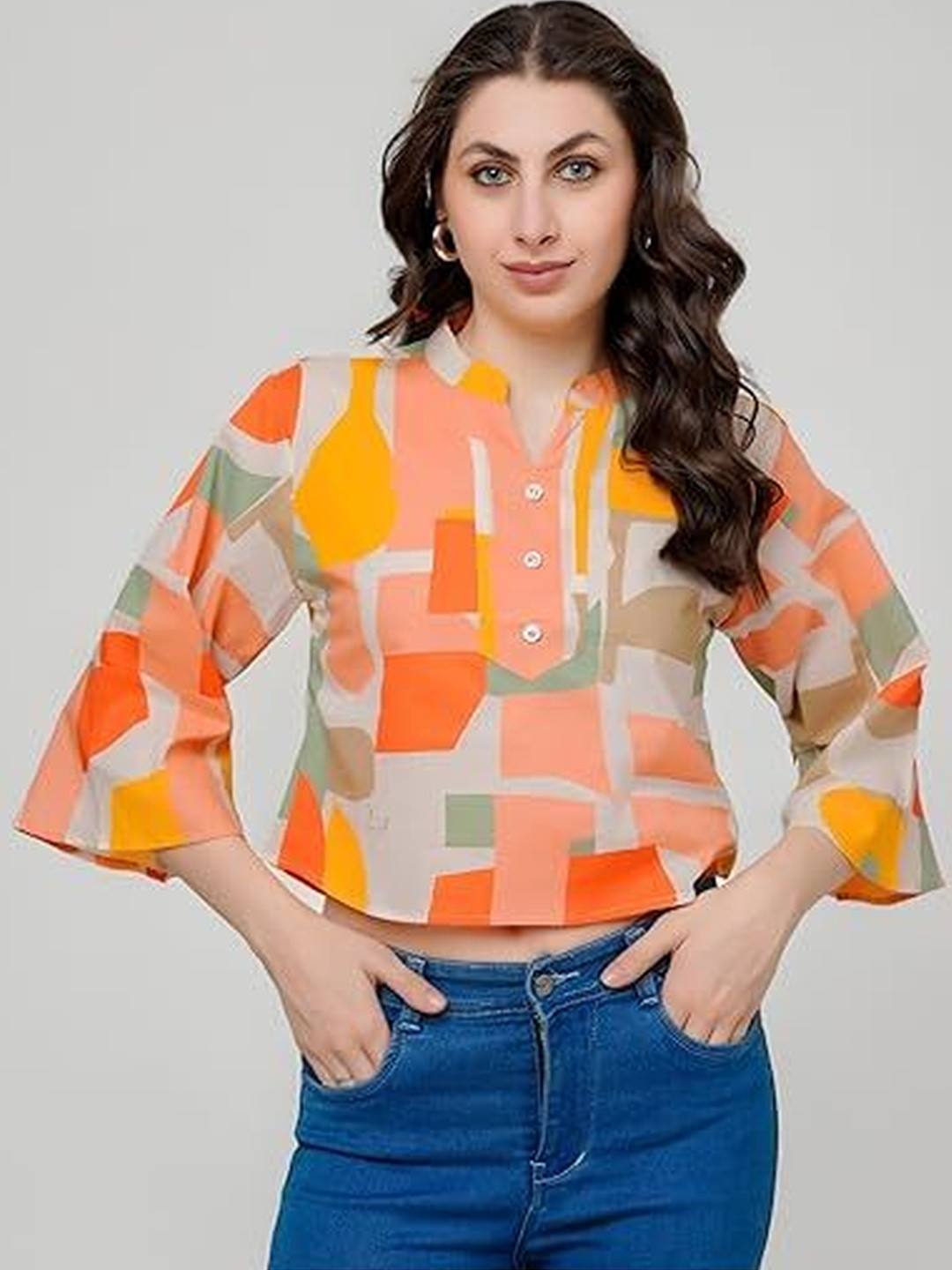 Threadflix Print Mandarin Collar Flared Sleeve Cotton Crop Top
