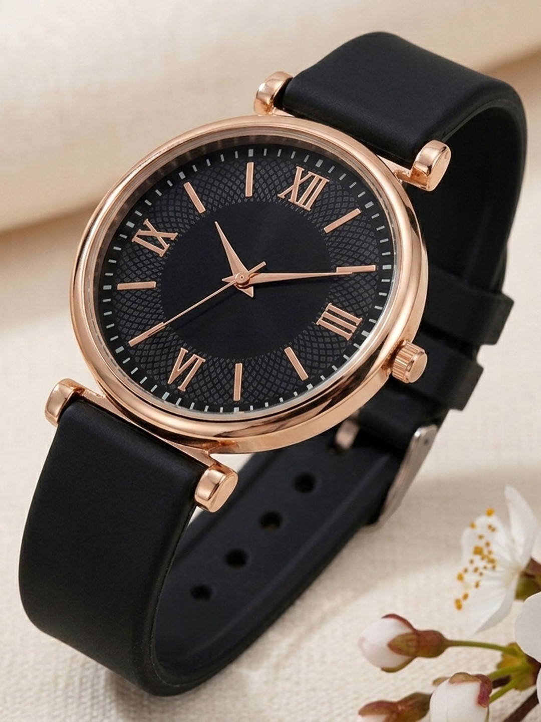 Praizy Times Women Brass Dial & Straps Analogue Date Aperture Watch DB-SILICON-BLACK