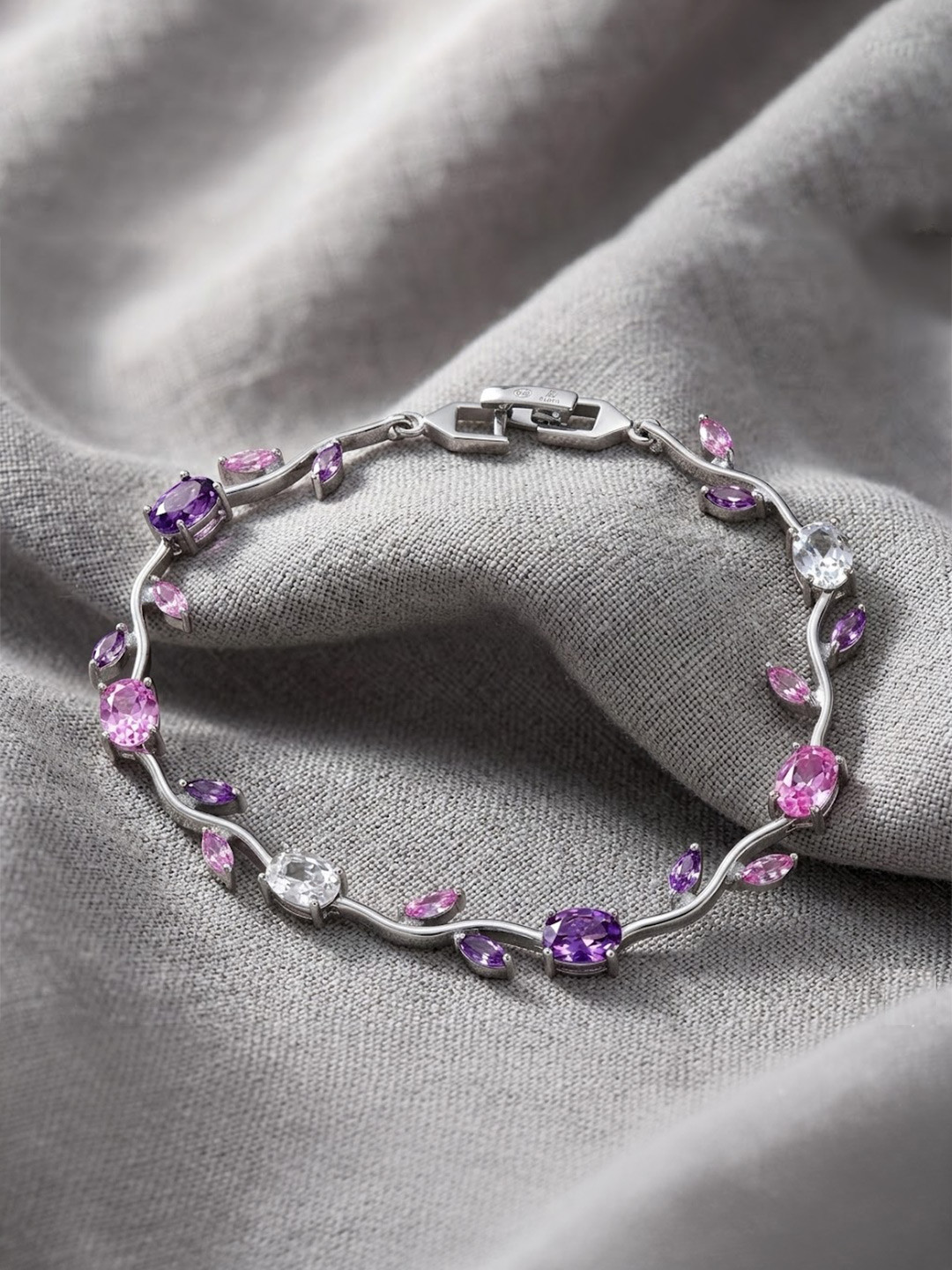 Airtick Stainless Steel Rhodium-Plated Cubic Zirconia Studded Wraparound Tulip Bracelet