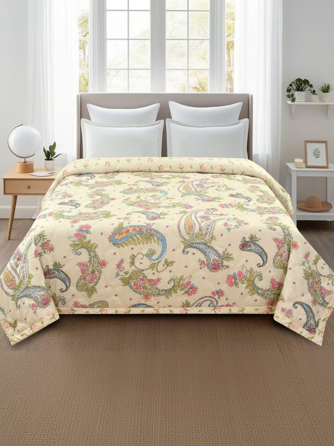 Comfowell Beige Floral AC Room 210 GSM Quilt